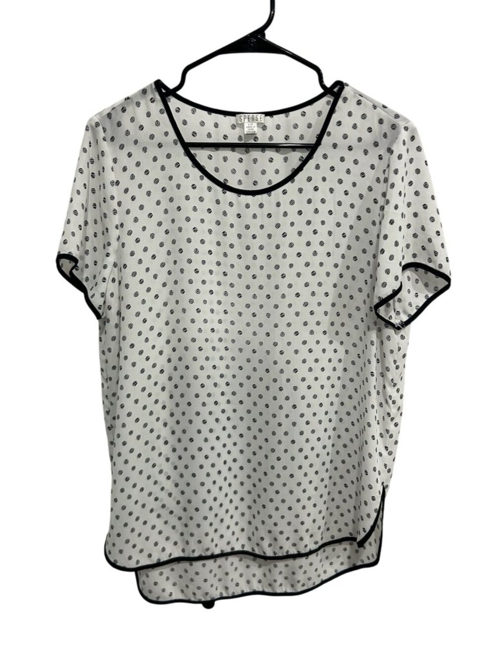 Spense Large White Black Polka Dot Sheer Short Sleeve Blouse Minimalist Retro